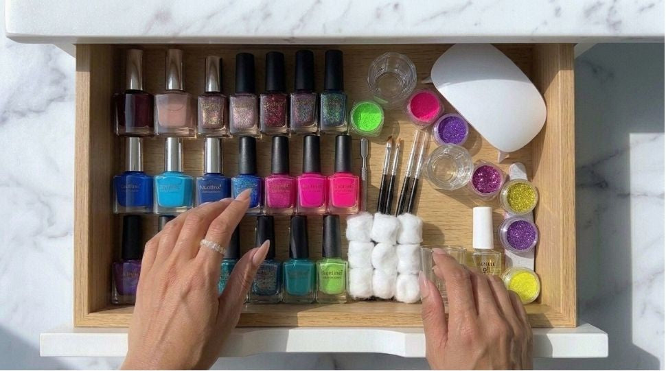 An overhead view of a wooden drawer filled with nail polish bottles, nail color wheels, brushes, cotton pads, and small jars, with two hands reaching in on a white marble surface.