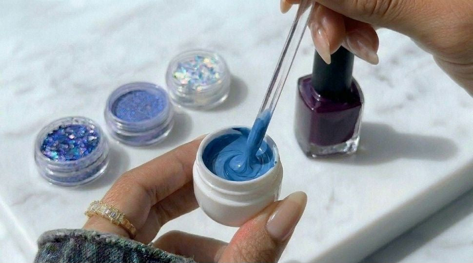 A close-up of hands applying bright blue nail polish from a small white pot with a glass stirrer, with other blue glitter and shimmer pots and a dark purple nail polish bottle on a white marble surface.