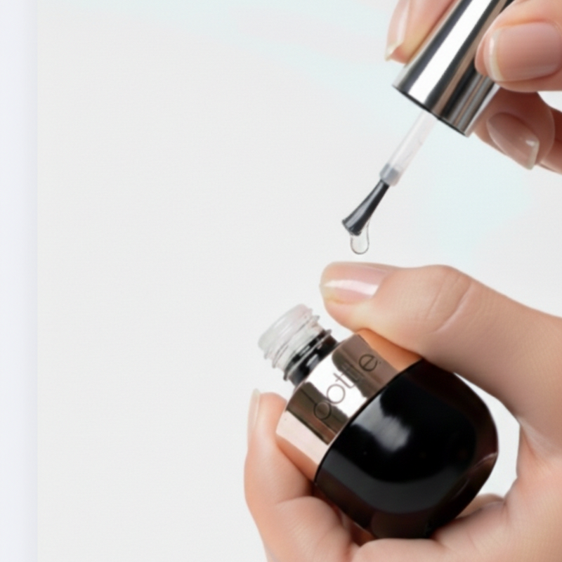 Hand holding a black bottle with a brush against a light gray background