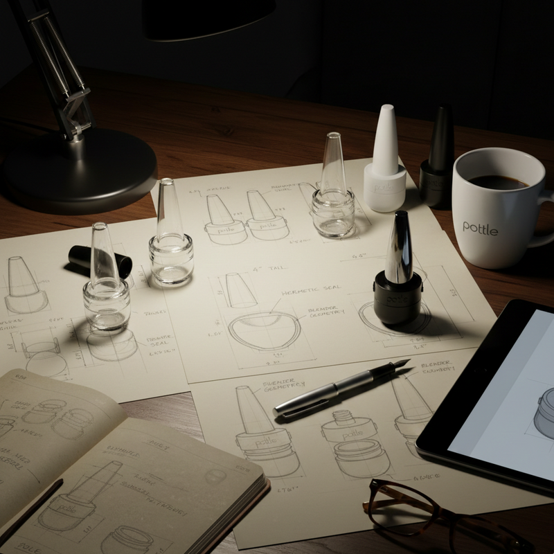 Design workspace with sketches, tablet, coffee, and glasses on a wooden table.