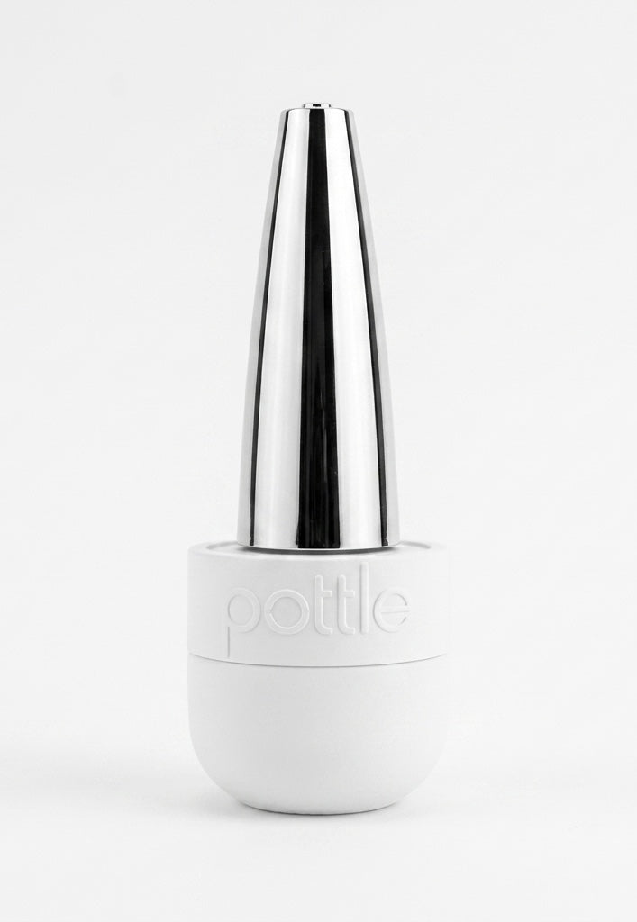 A white and polished silver bottle with a conical metallic cap, featuring the embossed brand name 'pottle' on the white base, set against a seamless white background.