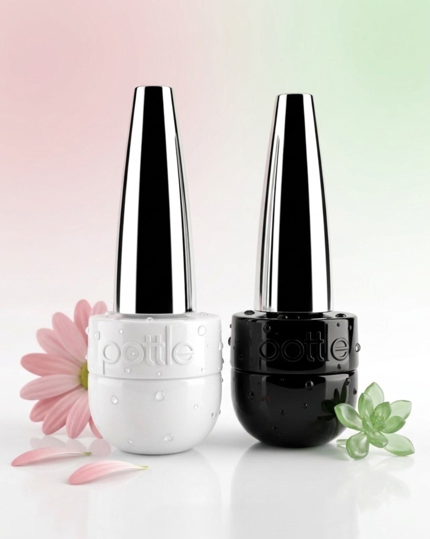 Two bottle-shaped nail polish containers with metallic silver caps, one white and one black, displayed on a reflective white surface with decorative pink flowers and green leaves against a soft pink-to-green gradient background. The brand name 'pottle' is embossed on the bottles.